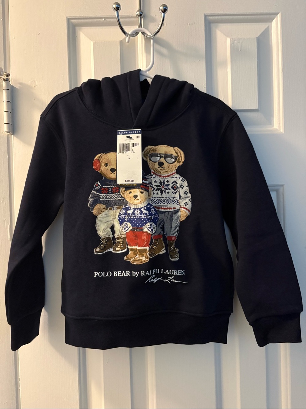 Ralph Lauren Navy Polo Bear Hoodie with Festive Bear Trio